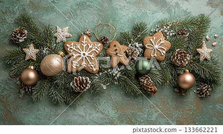 A green and white Christmas wreath with a variety of ornaments including cookies 133662221