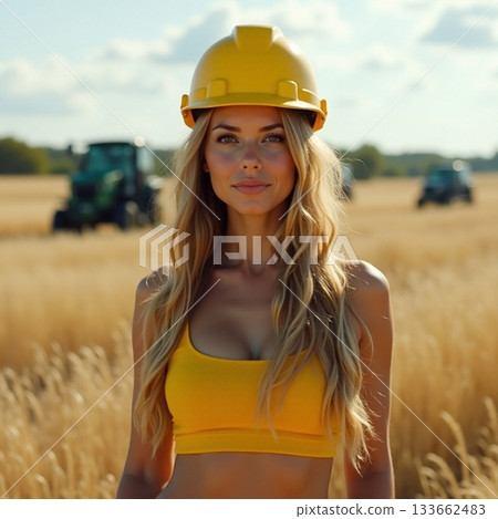 Woman in a yellow helmet poses in golden wheat field Generative AI Woman in a yellow helmet poses in golden wheat field Generative AI 133662483