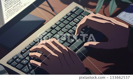 A person is typing on a computer keyboard 133662537