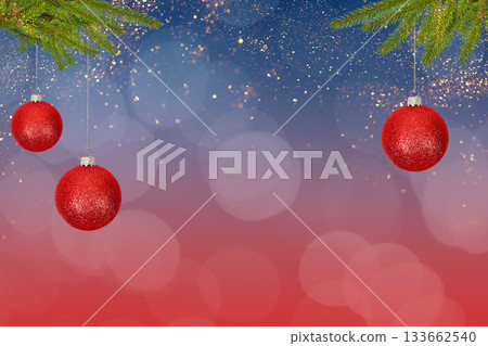 Christmas tree baubles on blue and red background with branches of Christmas trees and golden lights. Festive winter holiday background. Design with copy space for greeting card, text, advertising 133662540