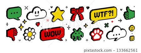 Pixel 3d isometric icon and sticker set. 8 bit retro game style. Y2k trendy vector illustration of heart cursor hand flower speech bubble character sparkle star etc. Social media and chat elements. Pixel 3d isometric icon and sticker set. 8 bit retro game style. Y2k trendy vector illustration of heart cursor hand flower speech bubble character sparkle star etc. Social media and chat elements. 133662561