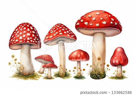 A watercolor illustration of various red mushrooms with white spots on white background 133662586