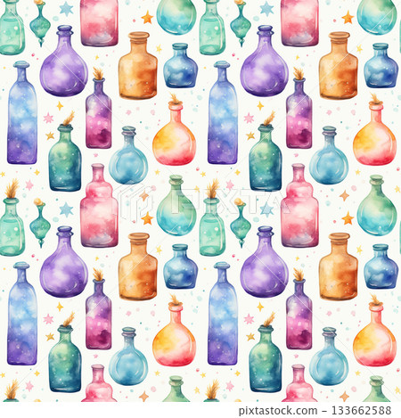 Watercolor pattern of colorful glass bottles and stars on a light background 133662588
