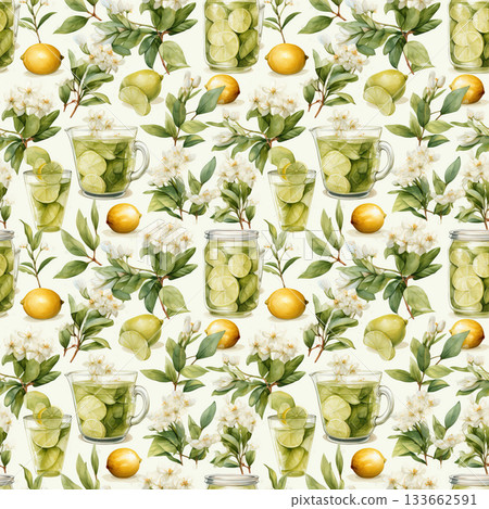 Seamless pattern with lime drinks, whole lemons, and white flowers in a fresh composition 133662591