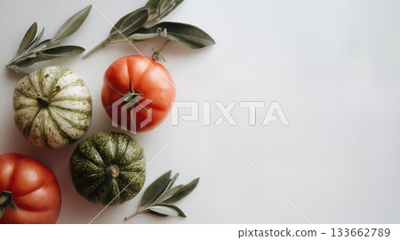 Fresh tomatoes and round zucchinis arranged with sage leaves on white background. Fresh tomatoes and round zucchinis arranged with sage leaves on white background. 133662789
