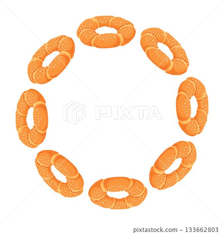 Wreath with Turkish simit in flat style. Traditional Turkey bagel with sesame. Oriental bakery, fresh pastry, baked goods for cafe breakfast card. Isolated on a white background. Wreath with Turkish simit in flat style. Traditional Turkey bagel with sesame. Oriental bakery, fresh pastry, baked goods for cafe breakfast card. Isolated on a white background. 133662803