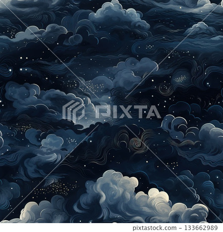 Dramatic painted night sky with swirling clouds and tiny stars in a seamless pattern Dramatic painted night sky with swirling clouds and tiny stars in a seamless pattern 133662989