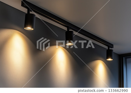 Lighting equipment on the wall in the living room. Spotlights under the ceiling. Track LED-lighting system Lighting equipment on the wall in the living room. Spotlights under the ceiling. Track LED-lighting system 133662990