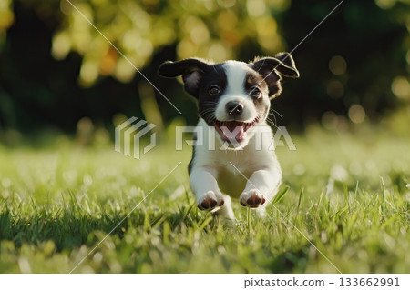 Cute happy dog playing and running outdoors facing the camera Cute happy dog playing and running outdoors facing the camera 133662991