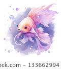 A delicate pastel fish with long flowing fins floats in a purple watercolor background with bubbles 133662994