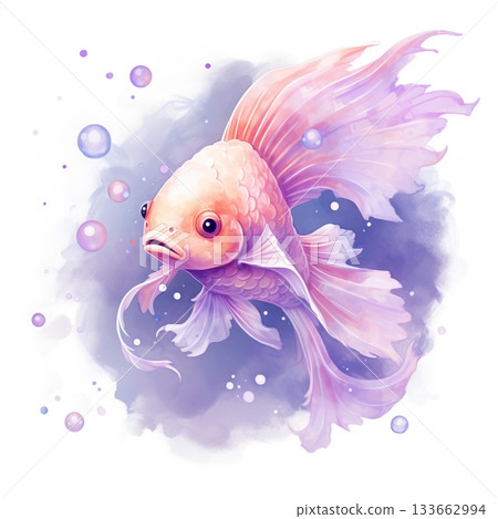A delicate pastel fish with long flowing fins floats in a purple watercolor background with bubbles A delicate pastel fish with long flowing fins floats in a purple watercolor background with bubbles 133662994