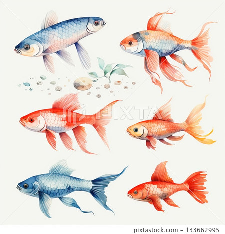 Six watercolor fish in soft and bold colors swimming in pairs, each with unique fins and tails Six watercolor fish in soft and bold colors swimming in pairs, each with unique fins and tails 133662995