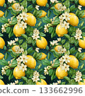 Seamless lemon and blossom pattern with green leaves on dark green background. Fresh and vibrant watercolor fruit design 133662996
