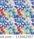 Watercolor floral pattern in cool and pastel tones with layered petal details 133662997