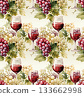 Watercolor grapes with red wine glasses and leafy details, seamless on a soft background 133662998
