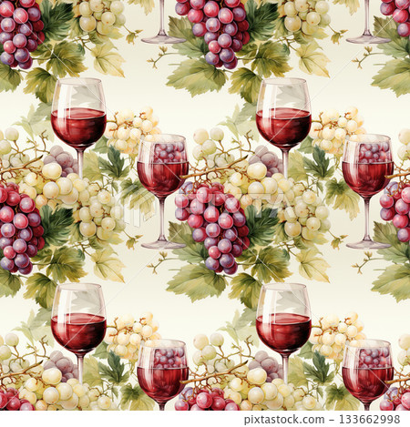 Watercolor grapes with red wine glasses and leafy details, seamless on a soft background Watercolor grapes with red wine glasses and leafy details, seamless on a soft background 133662998