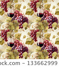 Seamless pattern with red grapes, green leaves, and a glass of red wine on a light background 133662999