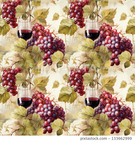 Seamless pattern with red grapes, green leaves, and a glass of red wine on a light background Seamless pattern with red grapes, green leaves, and a glass of red wine on a light background 133662999