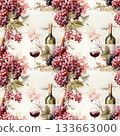 Watercolor pattern of red wine bottles, full glasses, grape clusters, and leaves on cream background 133663000