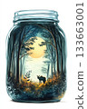 Illustration of a wild deer inside a glass jar with a forest landscape 133663001
