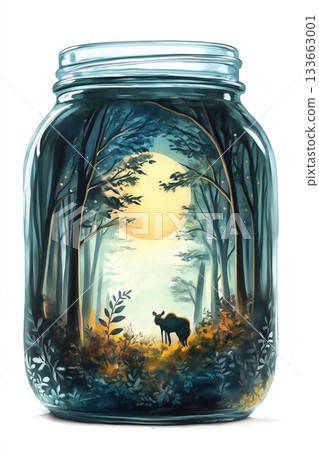 Illustration of a wild deer inside a glass jar with a forest landscape Illustration of a wild deer inside a glass jar with a forest landscape 133663001