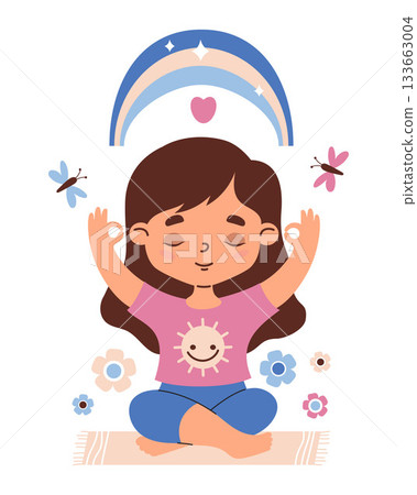 Kids Yoga. Cute Girl Meditating. Cartoon Character Yogi sitting in Pose under Rainbow with Flowers and Butterflies. Concept Mental Health, Sports and Hobbies .Vector illustration. Not AI Kids Yoga. Cute Girl Meditating. Cartoon Character Yogi sitting in Pose under Rainbow with Flowers and Butterflies. Concept Mental Health, Sports and Hobbies .Vector illustration. Not AI 133663004