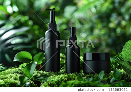 Beauty product mockup featuring organic bottles surrounded by jungle plants and fresh green leaves on natural grass 133663011