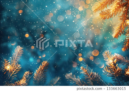 Golden Christmas trees and bokeh lights on a blue background, perfect for greeting cards, banners, or promotional ads 133663015