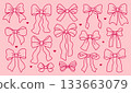 Set of pink line vintage ribbon bows. Collection of elegant girly bows in outline doodle style. Bows for hair decorations, flat icons. Ribbons isolated. Fashionable accessories. 133663079