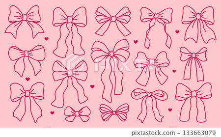 Set of pink line vintage ribbon bows. Collection of elegant girly bows in outline doodle style. Bows for hair decorations, flat icons. Ribbons isolated. Fashionable accessories. Set of pink line vintage ribbon bows. Collection of elegant girly bows in outline doodle style. Bows for hair decorations, flat icons. Ribbons isolated. Fashionable accessories. 133663079