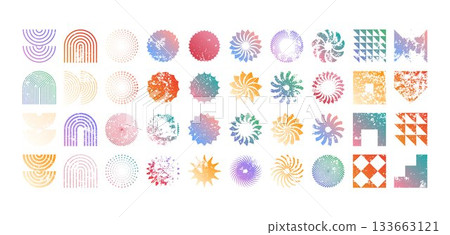 Colorful geometric shapes, modern grunge symbols. Simple primitive elements and forms, distressed details. Retro design, aged, vintage, trendy contemporary minimalist style, y2k. Vector illustration 133663121