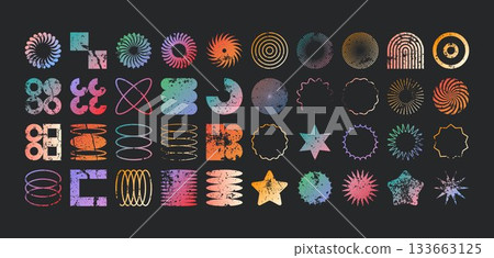 Brutalist geometric shapes, modern grunge symbols. Simple primitive elements and forms, distressed details. Retro design, aged, vintage, trendy contemporary minimalist style, y2k. Vector illustration Brutalist geometric shapes, modern grunge symbols. Simple primitive elements and forms, distressed details. Retro design, aged, vintage, trendy contemporary minimalist style, y2k. Vector illustration 133663125