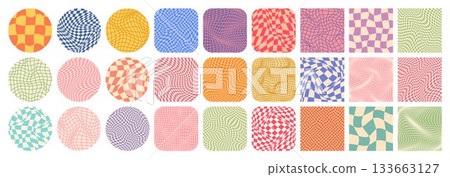 Groovy checkered pattern, colorful tiled grid. Vintage wavy curved backdrop, distortion effect. Funky geometric chessboard texture, retro background in 90s style, y2k. Vector illustration 133663127