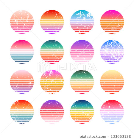 Grunge vintage colorful sunset. Striped gradient sunrise badges in 80s and 90s style. Sun and ocean view, summer vibes, surfing. Design element for print, logo or t-shirt. Vector illustration Grunge vintage colorful sunset. Striped gradient sunrise badges in 80s and 90s style. Sun and ocean view, summer vibes, surfing. Design element for print, logo or t-shirt. Vector illustration 133663128