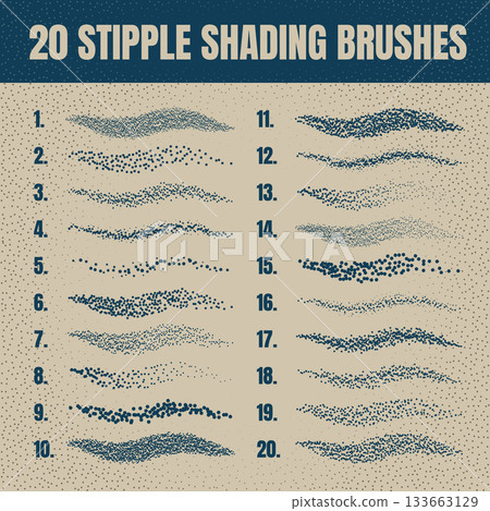 Ink scatter brush, stipple drawing and texturing. Fading gradient. Stippling, dotwork drawing, shading using dots. Halftone disintegration effect. White noise grainy texture. Vector illustration 133663129