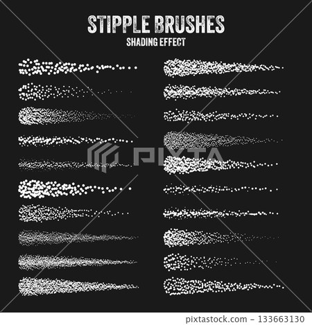 Ink scatter brush, stipple drawing and texturing. Fading gradient. Stippling, dotwork drawing, shading using dots. Halftone disintegration effect. White noise grainy texture. Vector illustration 133663130
