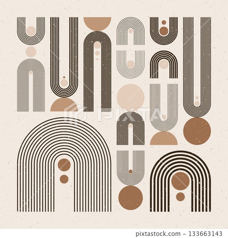 Arch and circle elements, modern geometric shapes. Contemporary design, mid century minimalist art. Trendy design elements for wall decor, posters, books, covers and flyers. Vector illustration 133663143