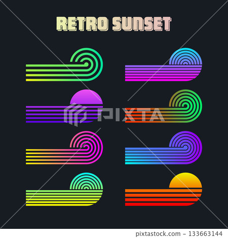 Vintage colorful sunset. Various gradient striped sunrise badges in 80s and 90s style. Sun and ocean view, summer vibes, surfing. Design element for print, logo or t-shirt. Vector illustration Vintage colorful sunset. Various gradient striped sunrise badges in 80s and 90s style. Sun and ocean view, summer vibes, surfing. Design element for print, logo or t-shirt. Vector illustration 133663144