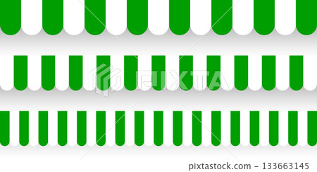 Shop sunshade. Realistic striped cafe awning. Outdoor market tent. Roof canopy. Summer street store. Vector illustration 133663145