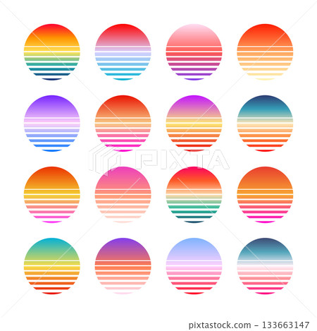 Vintage colorful sunset. Striped gradient sunrise badges in 80s and 90s style. Sun and ocean view, summer vibes, surfing. Design element for print, logo or t-shirt. Vector illustration Vintage colorful sunset. Striped gradient sunrise badges in 80s and 90s style. Sun and ocean view, summer vibes, surfing. Design element for print, logo or t-shirt. Vector illustration 133663147