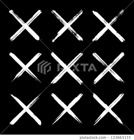 Grunge crosses, brush strokes, x mark, lines, ink smudges, hand-drawn scribble shapes. Handmade sketchy marks, acrylic stains, charcoal streaks. Paint textures, dry brush effect. Vector illustration 133663155