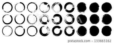 Grunge circles, brush strokes, lines, ink smudges, hand-drawn scribble shapes. Handmade sketchy marks, acrylic stains, charcoal streaks. Paint textures, dry brush effect. Vector illustration Grunge circles, brush strokes, lines, ink smudges, hand-drawn scribble shapes. Handmade sketchy marks, acrylic stains, charcoal streaks. Paint textures, dry brush effect. Vector illustration 133663162