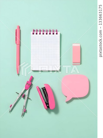 Pink Stationery Flatlay on Mint Background Pink Stationery Flatlay on Mint Background 133663175