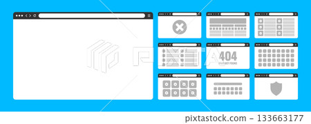 Web browser window, pages layout with toolbar and search field. Modern website, internet page in flat style. Browser mockup for computer, tablet and smartphone. Adaptive UI. Vector illustration 133663177