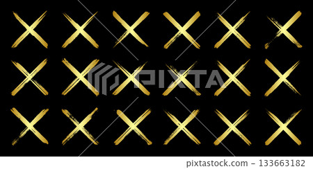 Golden grunge crosses, brush strokes, lines, ink smudges, hand-drawn scribble shapes. Handmade sketchy marks, acrylic stains, charcoal streaks. Paint textures, dry brush effect. Vector illustration 133663182