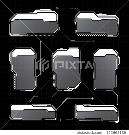 White futuristic HUD, UI elements. Sci-fi user interface text boxes, callouts. Warning message frames, information boxes template. Modern game interface layout in digital style. Vector illustration 133663186