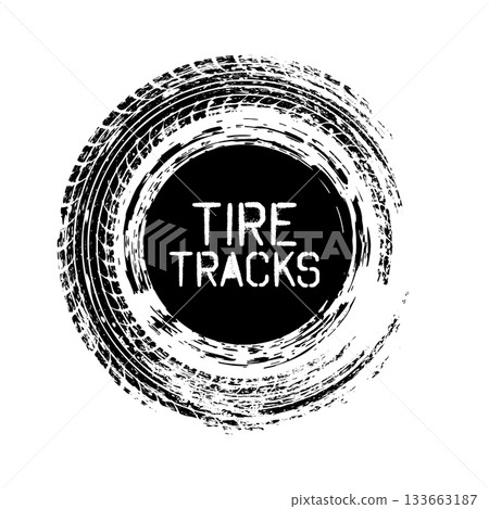 Grunge circle tire track, wheel braking mark. Truck, car or motorcycle tread pattern silhouettes. Auto race, motorsport, speed racing design element. Vector illustration 133663187