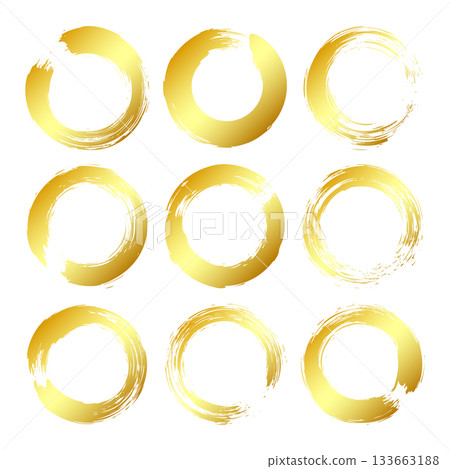 Golden grunge circles, brush strokes, lines, ink smudges, hand-drawn scribble shapes. Handmade sketchy marks, acrylic stains, charcoal streaks. Paint textures, dry brush effect. Vector illustration 133663188