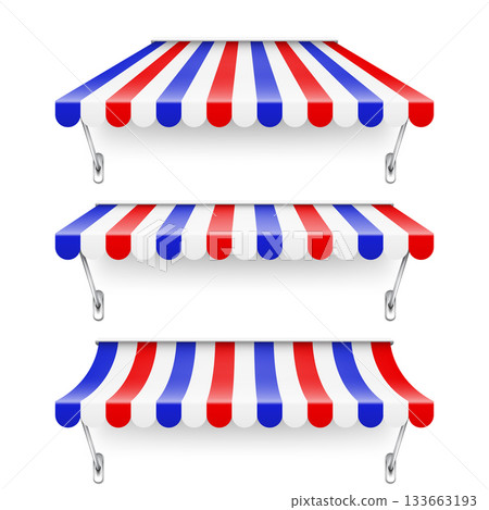 Shop sunshade with metal holder. Realistic striped cafe awning. Outdoor market tent. Roof canopy in French flag colors. Summer street store. Vector illustration Shop sunshade with metal holder. Realistic striped cafe awning. Outdoor market tent. Roof canopy in French flag colors. Summer street store. Vector illustration 133663193
