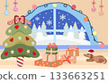 Christmas vibe window view home decoration with big window snow scene dog ornaments and gifts in vector flat artwork 133663251
